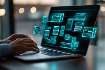 Digital documents, law, and climate data management concept with a businessman working on a laptop computer using an online document storage system in the office, double exposure photography, studio s