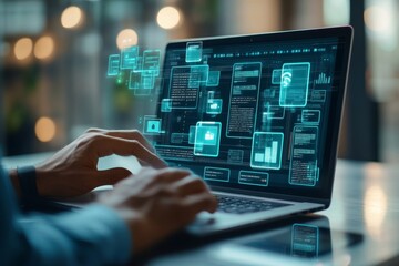 Digital documents, law, and climate data management concept with a businessman working on a laptop computer using an online document storage system in the office, double exposure photography, studio s