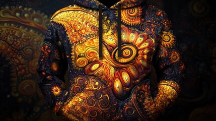 Fototapeta premium Vibrant Floral Hoodie Poster: Intricate Swirls & Textured Design in Orange and Yellow on Dark Background - Perfect for Sporty Interiors and Trendy Spaces!