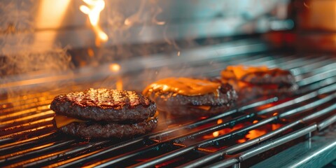 Grilling beef patties topped with cheddar cheese in a culinary setting