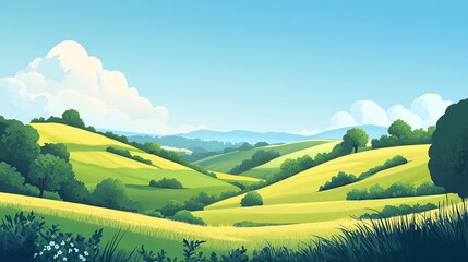 Rolling Green Hills Under a Blue Sky with White Clouds