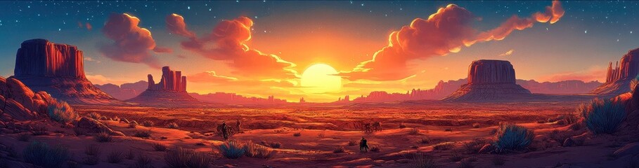 3D Cartoon Wild West Adventure with cowboys, vibrant sunsets, and detailed desert landscapes
