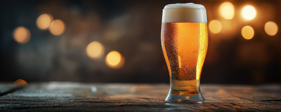 A frosty pint of golden beer on a wooden table, with soft warm lighting in the background creating a cozy ambiance