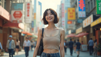 Young Korean woman beaming outside, dressed in fashionable Korean wear. Korean face and smile