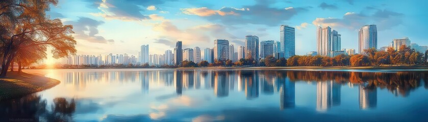 Fototapeta premium Cityscape with reflection in water at sunset.
