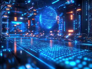 Obraz premium Futuristic digital world with glowing blue sphere.
