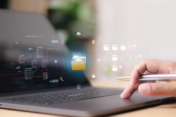 Document management system DMS, Enterprise content management, Businessman working on laptop computer with digital document, managing files data, paperless workflow, data search, cloud technology