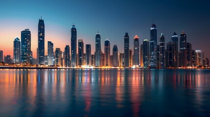 Obraz premium Dubai Skyline at Dusk with Reflections in Water