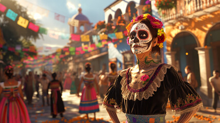Obraz premium Woman in Day of the Dead makeup and traditional dress at vibrant street festival