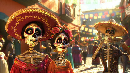 Fototapeta premium Festive Day of the Dead skeletons in traditional dress at colorful street celebration