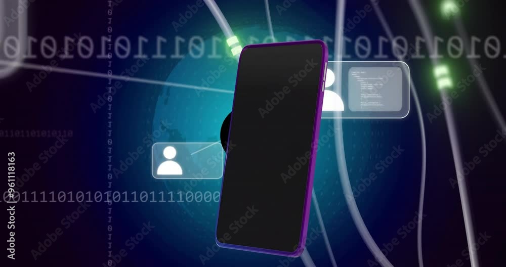 Poster smartphone with binary code and user icons, digital communication animation