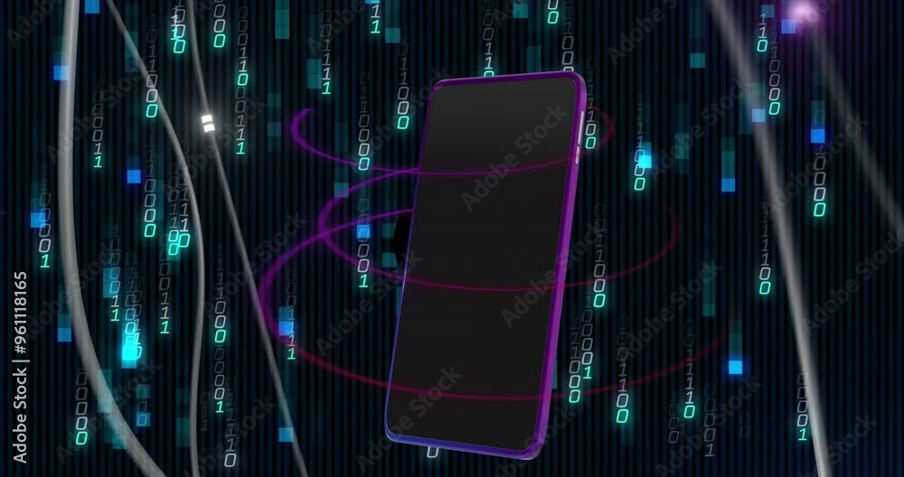 Poster smartphone with binary code and data processing animation in background