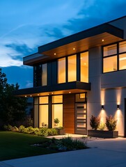 Illuminated modern home showcase exterior at night