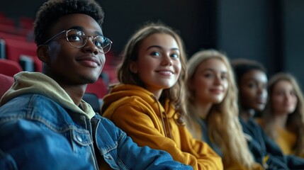 Obraz premium A diverse group of young adults sitting in a row, smiling and looking forward, in what appears to be a classroom or seminar setting.
