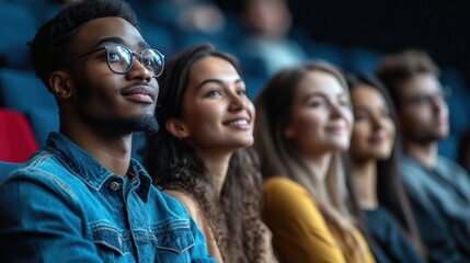 Obraz premium Diverse group of young adults attentively listening in a lecture or presentation in an auditorium setting.