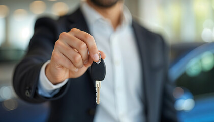 Hand with car key against dealership backdrop - Financing or buying a vehicle. Buying a new car