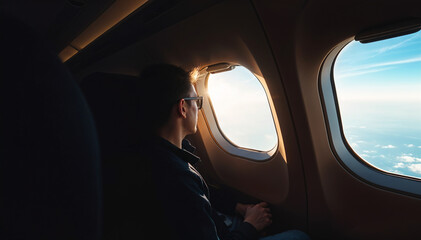Person enjoying the flight while seated by the window, admiring the clouds outside.