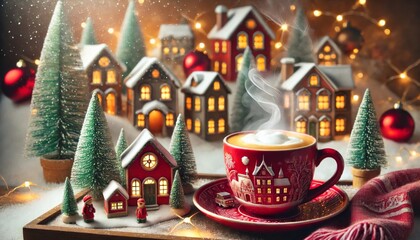 Cozy Christmas scene with a steaming cup of coffee, miniature holiday village, and festive decorations. Warm and inviting winter holiday setup with candles and snow-covered trees.