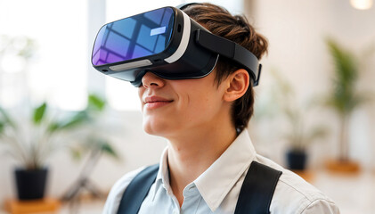 Latest VR glasses worn by a person immersed in an advanced virtual reality environment.