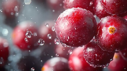 Fresh Red Cranberries with Water Droplets Macro Photography