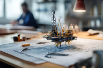 Structural model of an oil rig on an engineer's desk, cinematic image