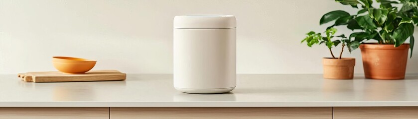 Fototapeta premium White rectangular speaker on a wooden counter top.