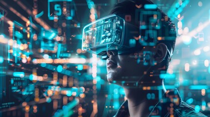 Fototapeta premium Man Wearing VR Headset Immersed in a Digital World