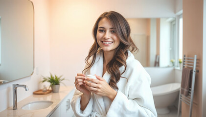 Woman caring for her skin with a facial cream container, smiling and enjoying her routine.