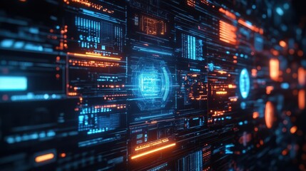 Abstract futuristic digital interface with glowing blue and orange lines.