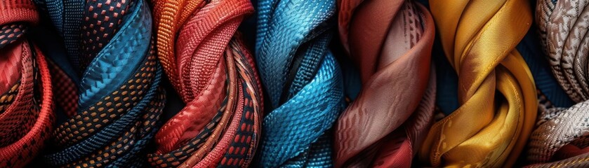 Close-up of fashionable belts and scarves arranged stylishly detailed textures and precision