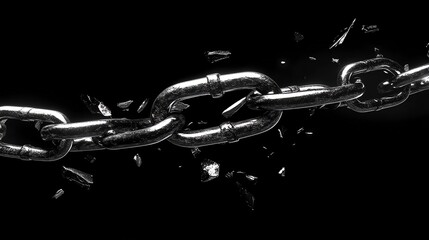 A broken metal chain with shattered pieces on a black background.