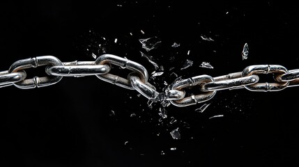 A metal chain breaking apart with pieces flying into the air.