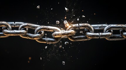 A metal chain breaks apart with sparks and debris flying, capturing the moment of freedom and release.