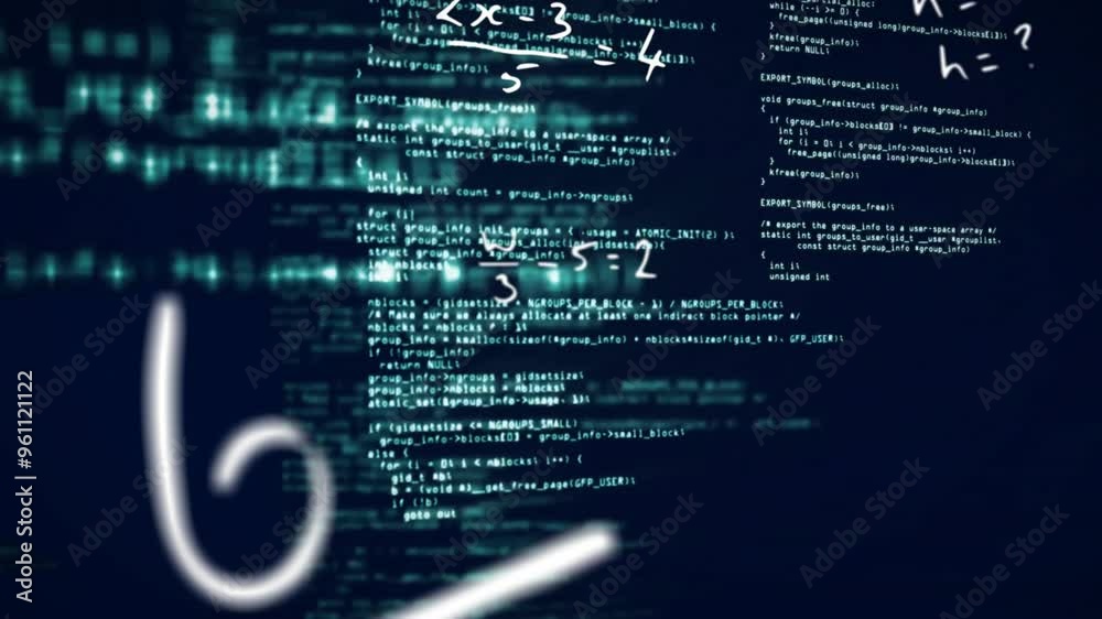 Poster mathematical equations and programming code animation over dark background