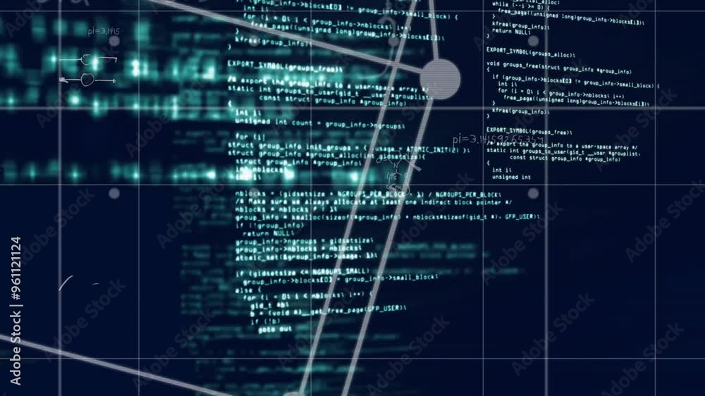 Poster programming code and network connections, data processing animation over dark background