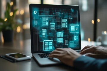 Digital documents, law, and climate data management concept with a businessman working on a laptop computer using an online document storage system in the office, double exposure photography, studio s