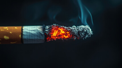 A smoldering cigarette with a glowing red ember on a black background, close-up.