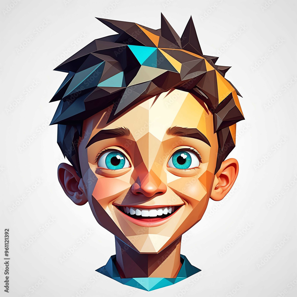 Poster happy boy head geometric low poly on plain white background