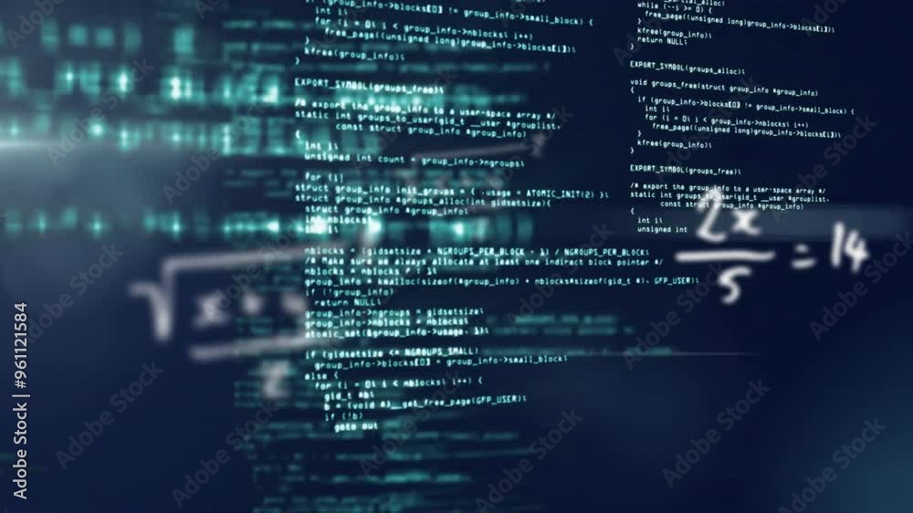 Poster computer code and mathematical equations animation over dark background