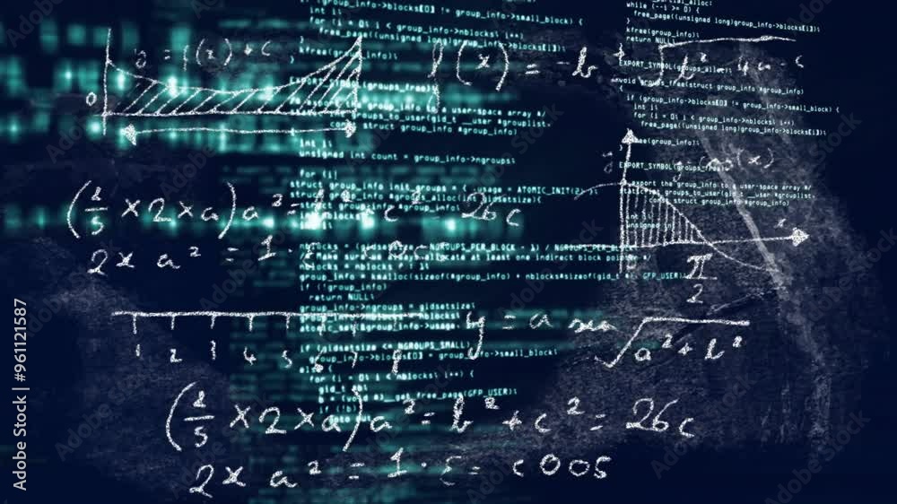 Poster mathematical equations and coding animation over digital data background