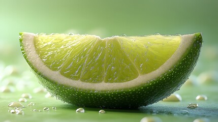 Fresh Lime Wedge with Water Droplets on Green Background