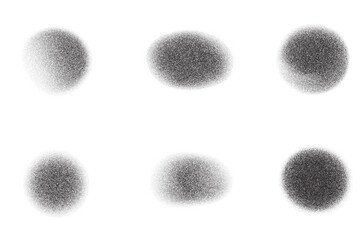 Noisy gradient shapes. Grainy dotted spray paint dust. Vector stipple abstract circle spots. Liquid black blobs with sand texture. Shadow gritty irregular forms set. Vector design