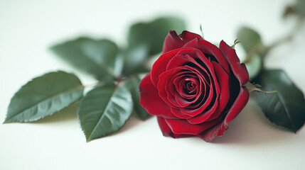 A vibrant red rose with green leaves on a clean white background.