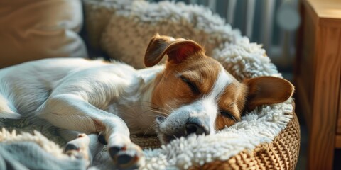 Charming Jack Russell Terrier with a Gray Snout Resting Comfortably on a Cozy Dog Bed
