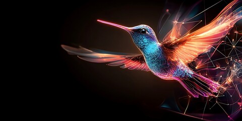 Hummingbird Animal Plexus Neon Black Background Digital Desktop Wallpaper HD 4k Network Light Glowing Laser Motion Bright Abstract