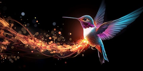 Hummingbird Animal Plexus Neon Black Background Digital Desktop Wallpaper HD 4k Network Light Glowing Laser Motion Bright Abstract