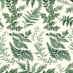 A botanical seamless pattern of lush, green ferns and vines, set against a light ivory background for a nature-inspired, organic look. 8k UHD, suitable for high-quality printing or digital display. 