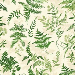 A botanical seamless pattern of lush, green ferns and vines, set against a light ivory background for a nature-inspired, organic look. 8k UHD, suitable for high-quality printing or digital display. 