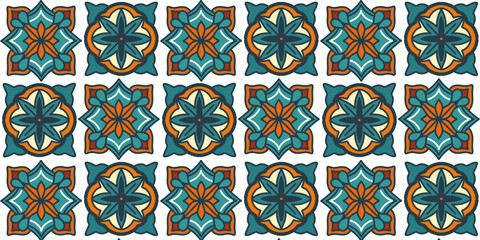Seamlless pattern of a belle epoque texture design set in blue green - orange red tones geometric ornament