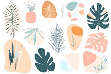 Obraz premium Minimalist abstract nature art shapes collection. Pastel color doodle bundle for fashion design, summer season or natural concept. Modern hand drawn plant leaf and tropical shape decoration set